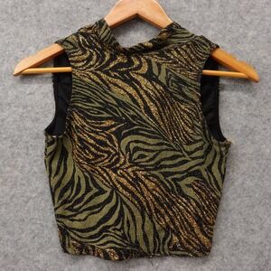 Vintage Y2K Cyber Grunge Crop Top Women S Green Metallic Zebra Glitter Party USA